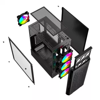 PC case GEMBIRD Fornax 400X Midi Tower Black — ATX, tempered glass, RGB fans, 4x 2.5 inch bays, 2x USB 3.0