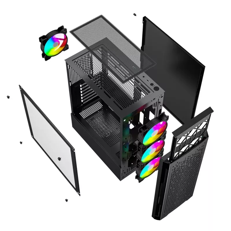 PC case GEMBIRD Fornax 400X Midi Tower Black — ATX, tempered glass, RGB fans, 4x 2.5 inch bays, 2x USB 3.0