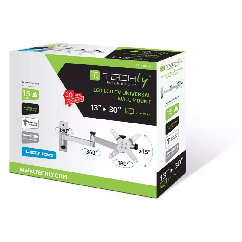 Techly 13-30 inch Wall Bracket for LED TV LCD Tilting 3 Joints Silver” ICA-LCD 104