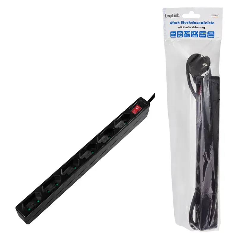Power Extension LogiLink LPS232B 1.5m 6 AC Outlets Indoor Black