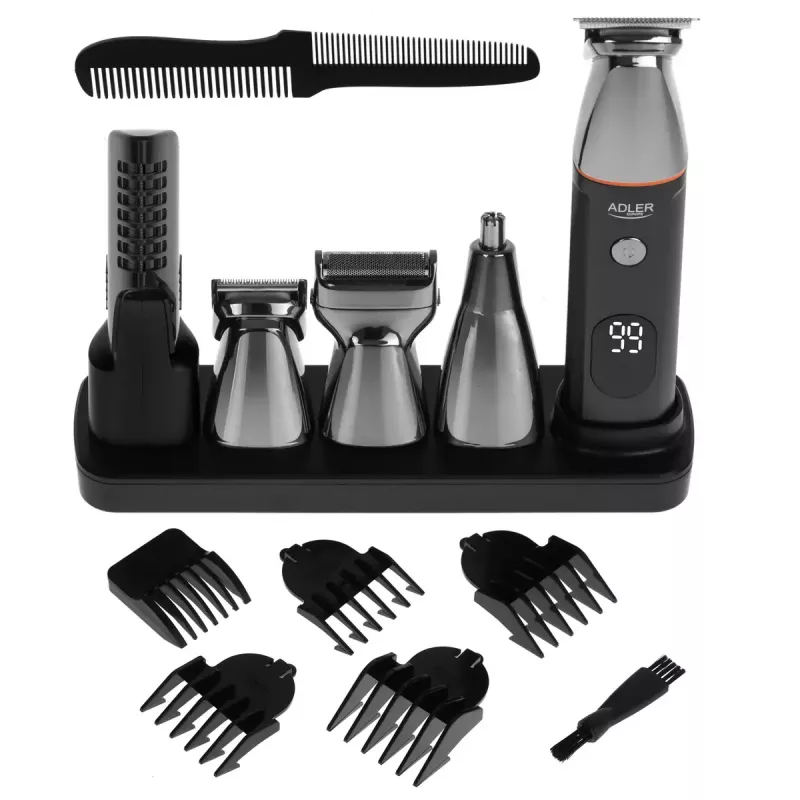 Electric grooming kit Adler AD 2946 — cordless 5-in-1 men’s trimmer, 4 length steps, 60 min runtime, black/stainless steel