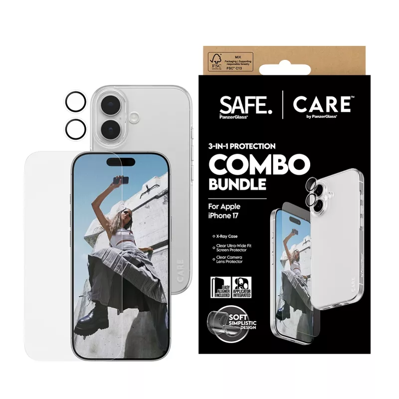 PanzerGlass 3-in-1 Combo Bundle for iPhone 17 — screen protector, camera lens protector, and case