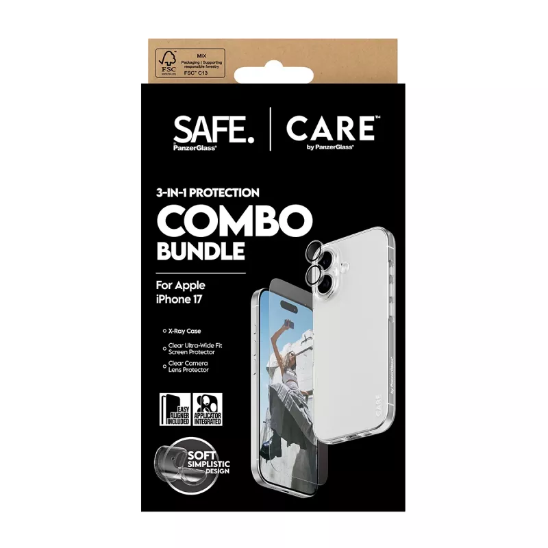 PanzerGlass 3-in-1 Combo Bundle for iPhone 17 — screen protector, camera lens protector, and case