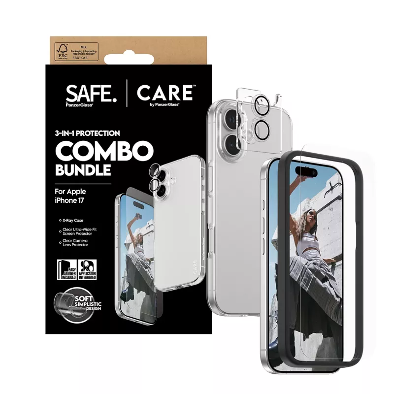 PanzerGlass 3-in-1 Combo Bundle for iPhone 17 — screen protector, camera lens protector, and case