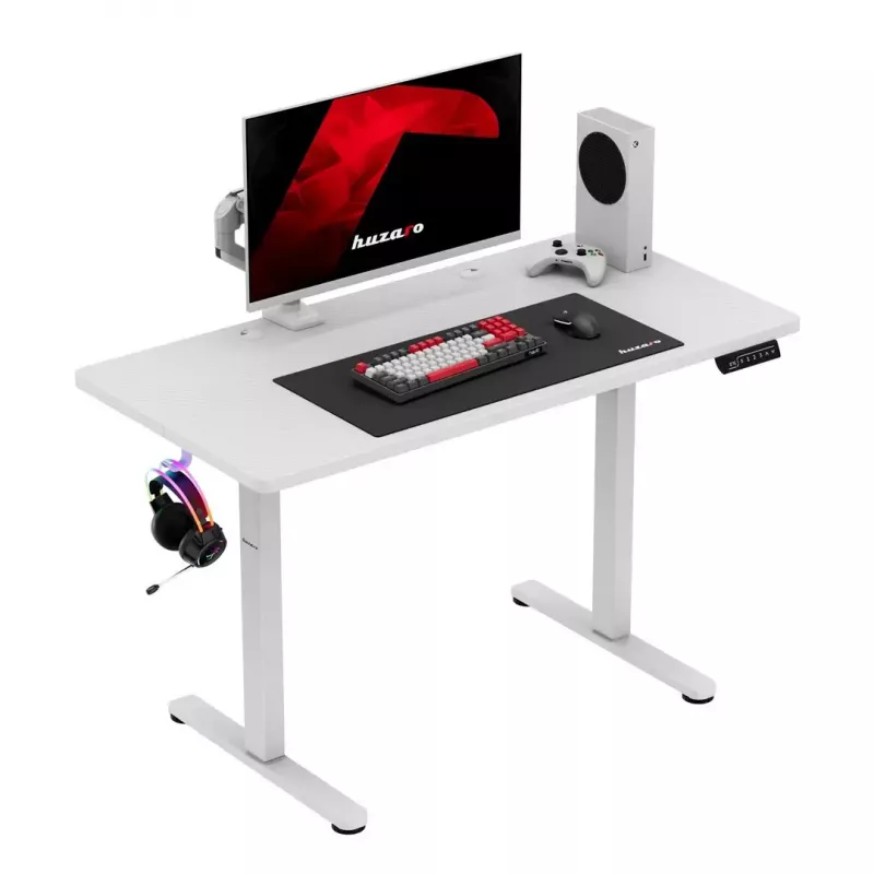 Gaming desk huzaro Hero 8.1 — white electric height-adjustable desk 120×60 cm, 720–1180 mm, 50 kg capacity, cable management