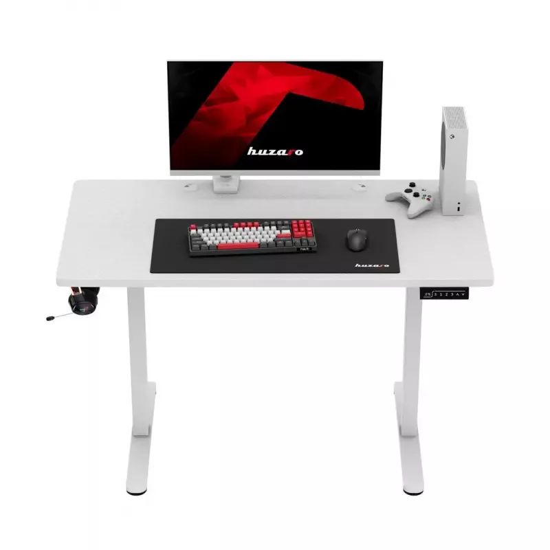 Gaming desk huzaro Hero 8.1 — white electric height-adjustable desk 120×60 cm, 720–1180 mm, 50 kg capacity, cable management