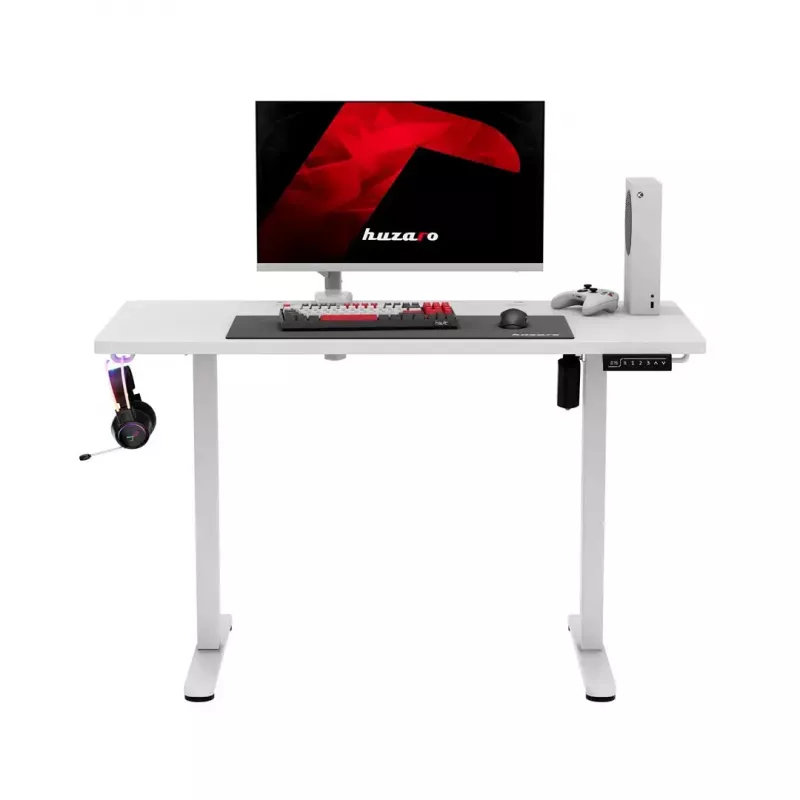 Gaming desk huzaro Hero 8.1 — white electric height-adjustable desk 120×60 cm, 720–1180 mm, 50 kg capacity, cable management