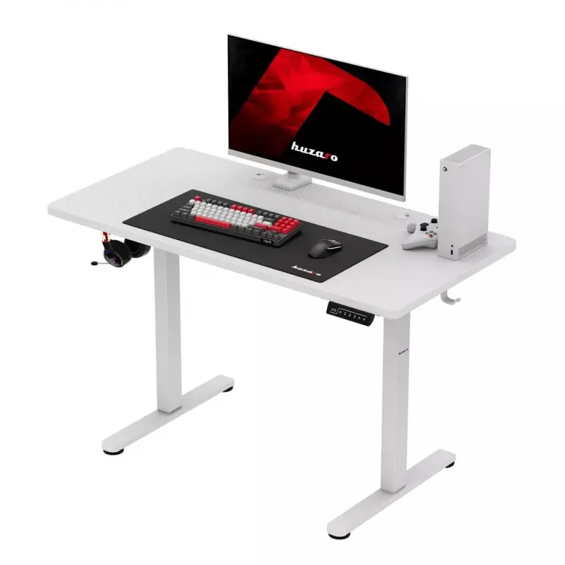 Gaming desk huzaro Hero 8.1 — white electric height-adjustable desk 120×60 cm, 720–1180 mm, 50 kg capacity, cable management