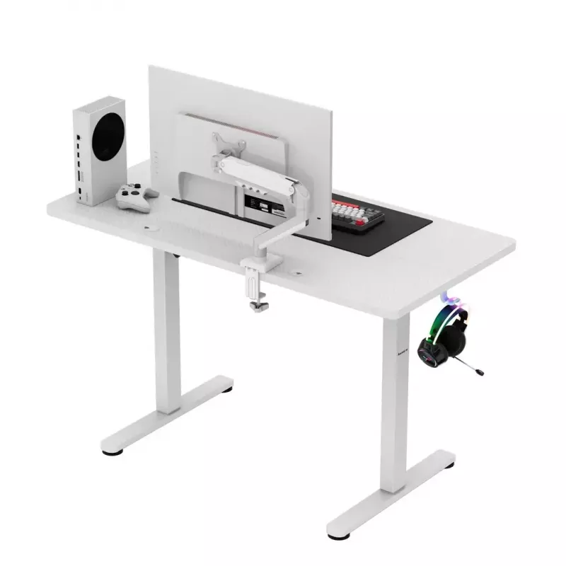 Gaming desk huzaro Hero 8.1 — white electric height-adjustable desk 120×60 cm, 720–1180 mm, 50 kg capacity, cable management
