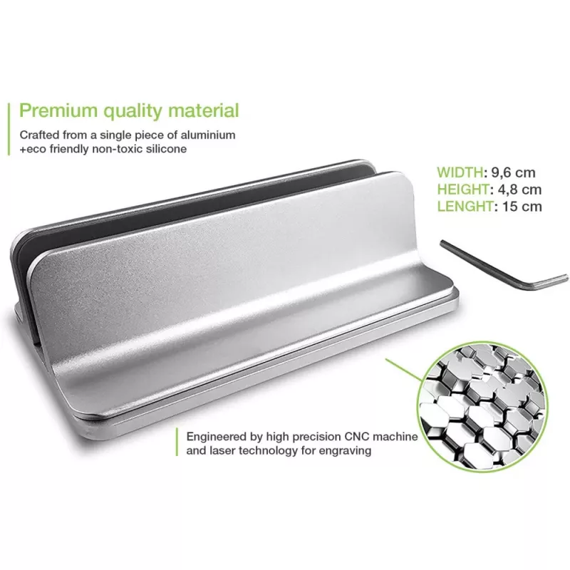 Laptop stand TECHLY Vertical Aluminum Notebook Stand Silver for up to 17 inch (96×150×48 mm, 580 g)