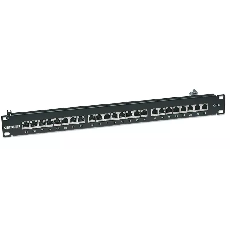 Intellinet Patch Panel, Cat6, FTP, 24-Port, 1U, Shielded, 90° Top-Entry Punch-Down Blocks, Black