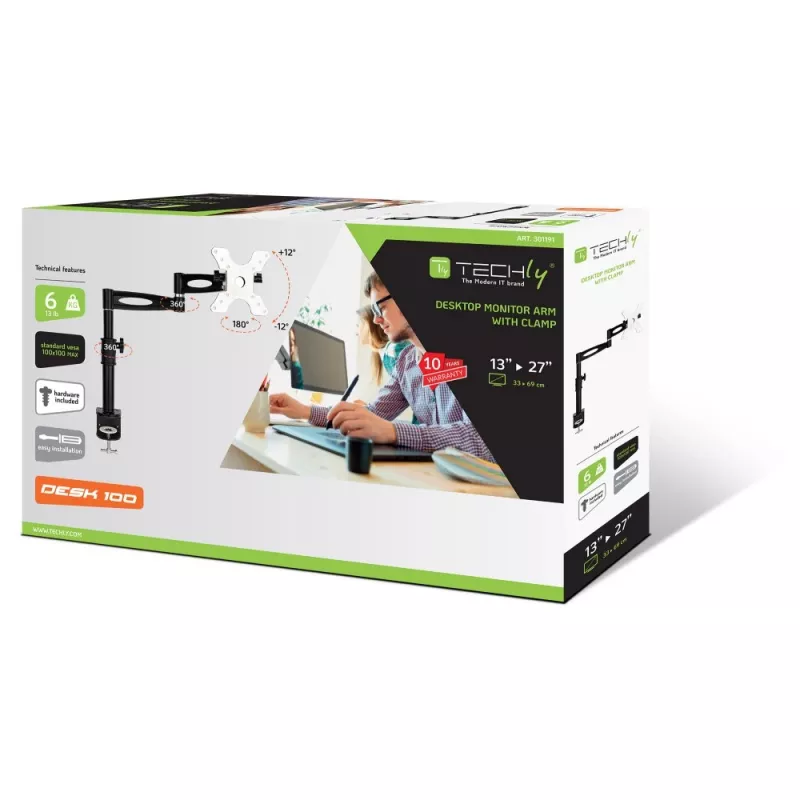 Techly 13-27 inch Desk Stand for Monitor Long Arm Tilt” ICA-LCD 502BK