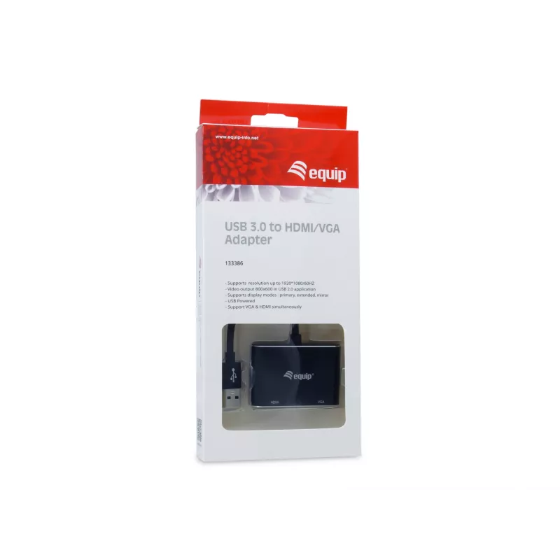 Equip USB 3.0 to HDMI/VGA (HD15) Adapter, 3.2 Gen 1 (3.1 Gen 1), USB Type-A, HDMI output, 1920 x 1080 pixels