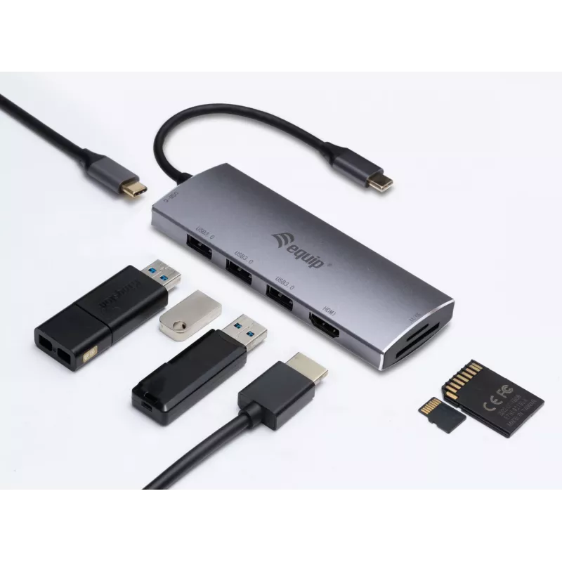 Equip USB-C 7 in 1 Multifunctional Adapter, USB 3.2 Gen 1 (3.1 Gen 1) Type-C, 100 W, Silver, MicroSD (TransFlash), MicroSDHC, SD, SDHC, 4K Ultra HD, 30 Hz