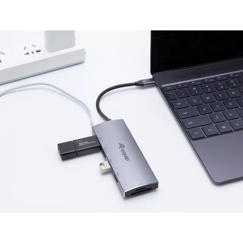 Equip USB-C 7 in 1 Multifunctional Adapter, USB 3.2 Gen 1 (3.1 Gen 1) Type-C, 100 W, Silver, MicroSD (TransFlash), MicroSDHC, SD, SDHC, 4K Ultra HD, 30 Hz