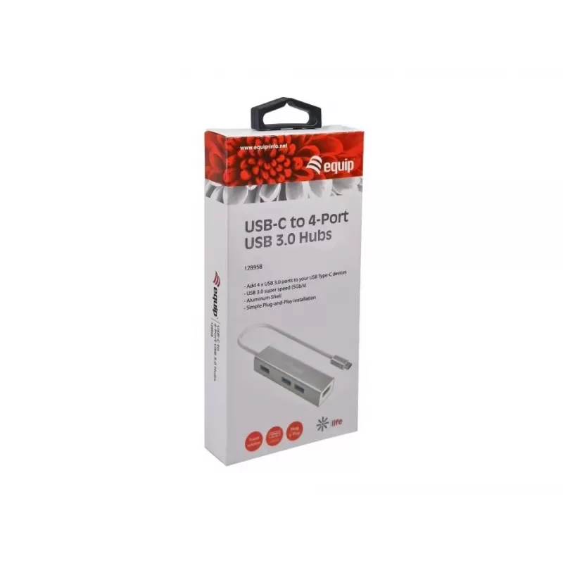 Equip USB-C to 4-port USB 3.0 Hubs, USB 3.2 Gen 1 (3.1 Gen 1) Type-C, USB 3.2 Gen 1 (3.1 Gen 1) Type-A, 5000 Mbit/s, Silver, Aluminium, Windows 10, Windows 7, Windows 8