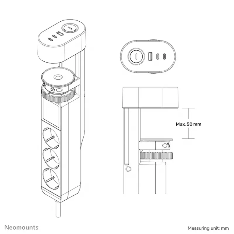 Neomounts DS22-840BL6 Desk socket with clamp and USB-C and USB-A ports - Quick charge