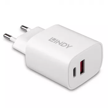 Indoor charger Lindy 73413 — universal AC 100–240V, output 12V 3A, USB-A + USB-C, white