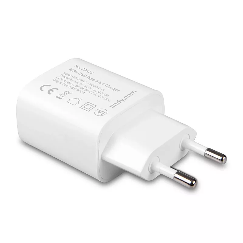 Indoor charger Lindy 73413 — universal AC 100–240V, output 12V 3A, USB-A + USB-C, white
