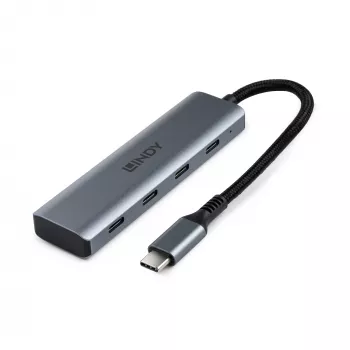 Lindy 4 Port USB 3.2 Gen 2 Type C Hub, USB 3.2 Gen 2 (3.1 Gen 2) Type-C, USB 3.2 Gen 2 (3.1 Gen 2) Type-C, 10000 Mbit/s, Grey, Aluminium, Plastic, Round cable