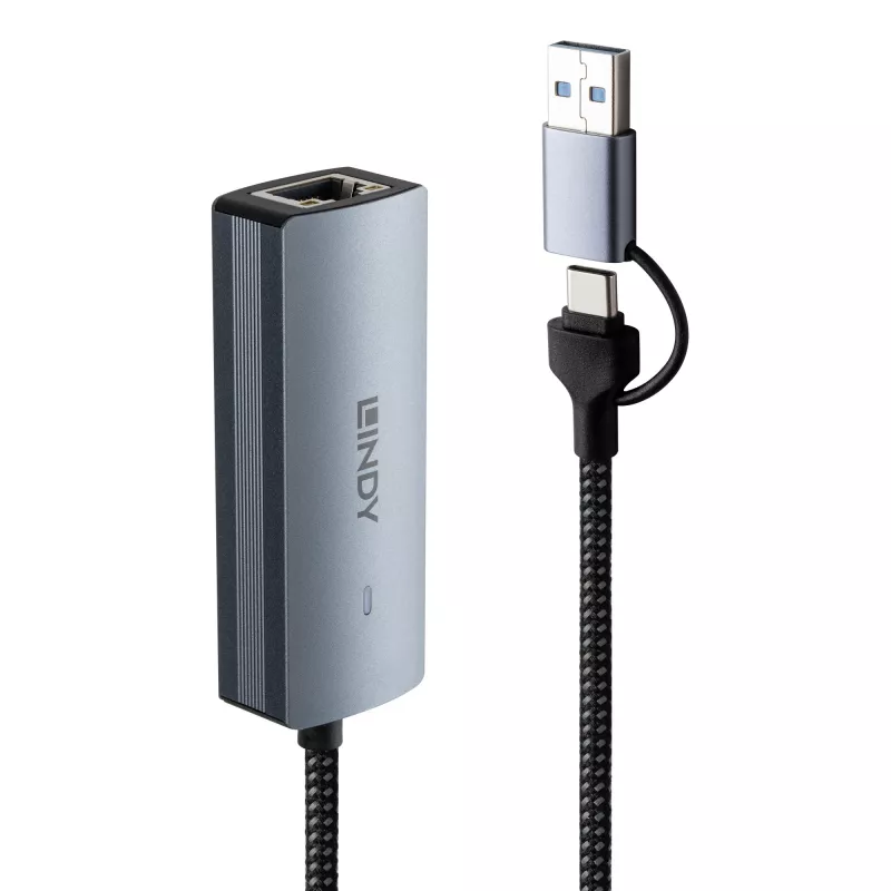 Lindy USB 3.2 Gen 1 to 5G Ethernet Converter, USB 3.2 Gen 2 (3.1 Gen 2) Type-C, 5000 Mbit/s, Grey, Aluminium, Plastic, Round cable, 0.15 m