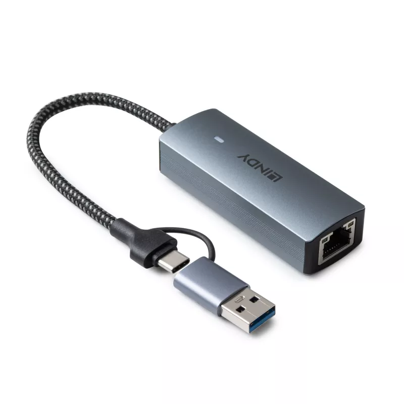 Lindy USB 3.2 Gen 1 to 5G Ethernet Converter, USB 3.2 Gen 2 (3.1 Gen 2) Type-C, 5000 Mbit/s, Grey, Aluminium, Plastic, Round cable, 0.15 m