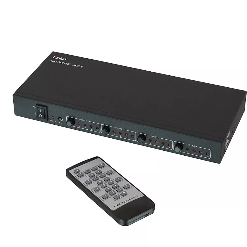 Lindy 4x4 HDMI 4K60 Matrix, HDMI, 4x HDMI, Metal, 1080p, 2160p, DTS-HD, Dolby TrueHD, 12 V