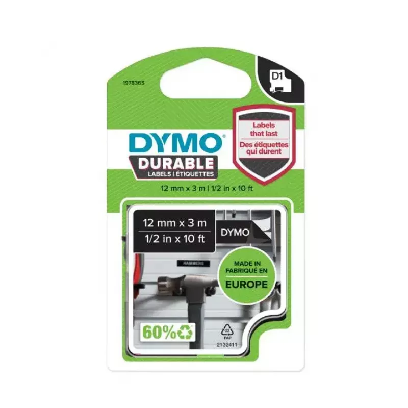 DYMO Authentic D1 Durable Labels | White Print on Black Tape | 12 mm x 3 m | Labelling Tape for LabelManager Label Makers