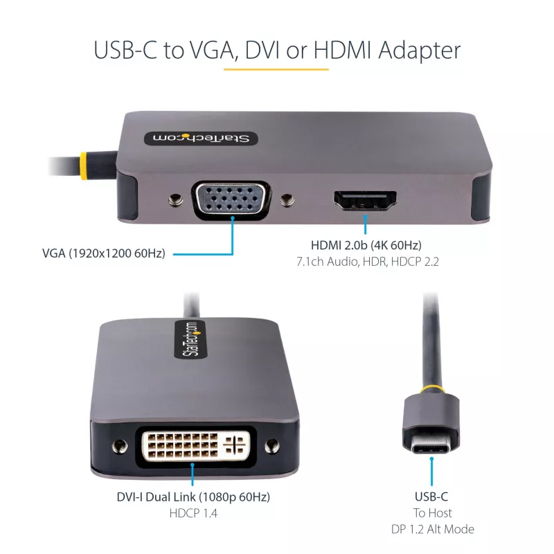 StarTech.com USB C Video Adapter, USB C to HDMI DVI VGA Adapter, Up to 4K 60Hz, Aluminum, Multiport Video Display Adapter, Thunderbolt 3 / 4 Compatible, USB Type C Travel Adapter