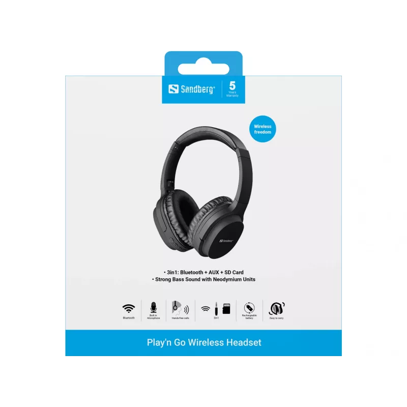 Sandberg Play'n Go Wireless Headset, Wired & Wireless, Calls/Music, 20 - 20000 Hz, 174 g, Headset, Black