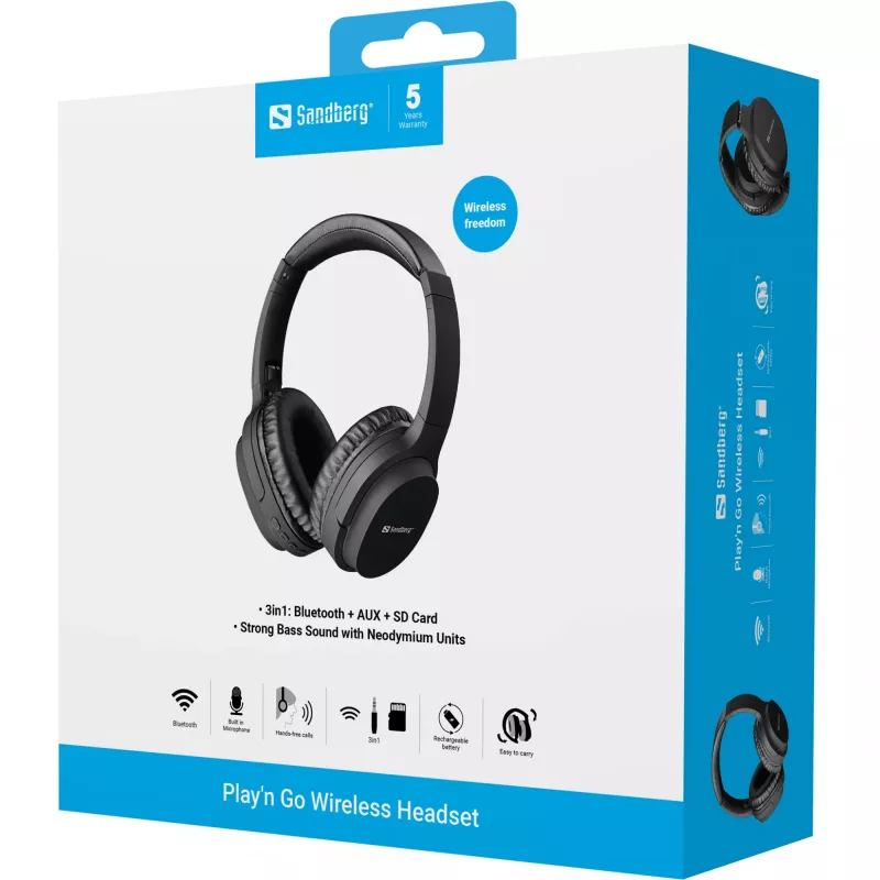 Sandberg Play'n Go Wireless Headset, Wired & Wireless, Calls/Music, 20 - 20000 Hz, 174 g, Headset, Black