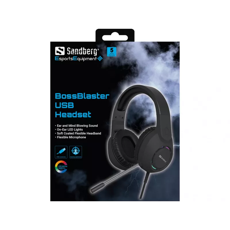 Headset SANDBERG BossBlaster USB — wired gaming headset, 20–20000 Hz, 2 m cable, 240 g, black