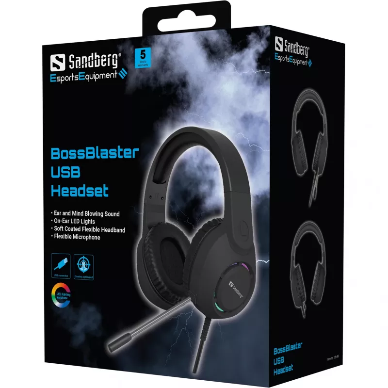 Headset SANDBERG BossBlaster USB — wired gaming headset, 20–20000 Hz, 2 m cable, 240 g, black