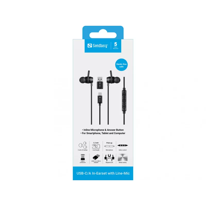 Headset Sandberg USB-C/A In-Earset with Line-Mic