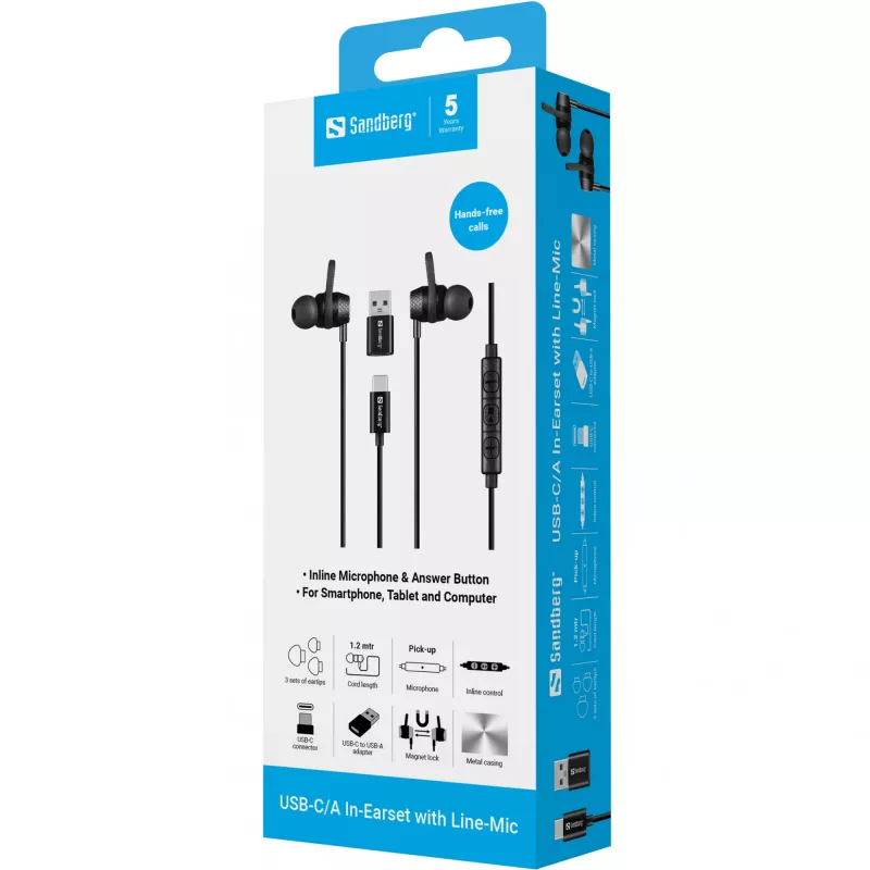 Headset Sandberg USB-C/A In-Earset with Line-Mic