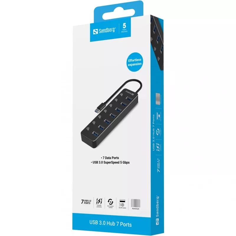 USB Hub Sandberg 7 Ports USB 3.0 Black Aluminium