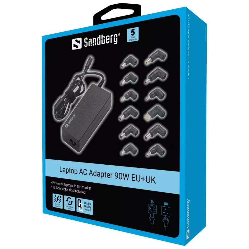 Laptop AC Adapter Sandberg 90W EU+UK Input 100-240V Black
