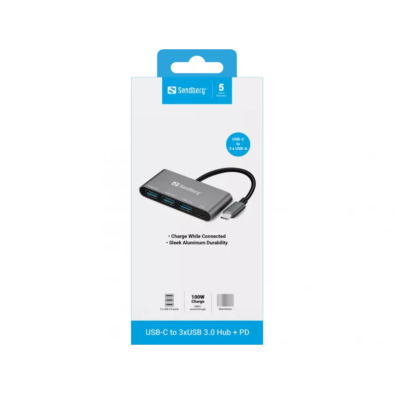 USB-C to 3xUSB 3.0 Hub + PD Sandberg 136-03