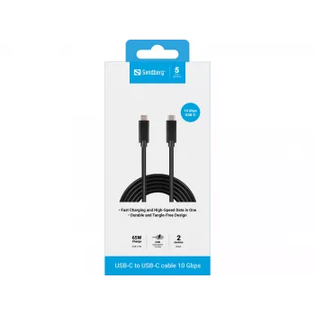 Sandberg USB-C USB-C 2M USB 3.1 Gen.2, 2 m, USB C, USB C, USB 3.2 Gen 2 (3.1 Gen 2), Male/Male, Black