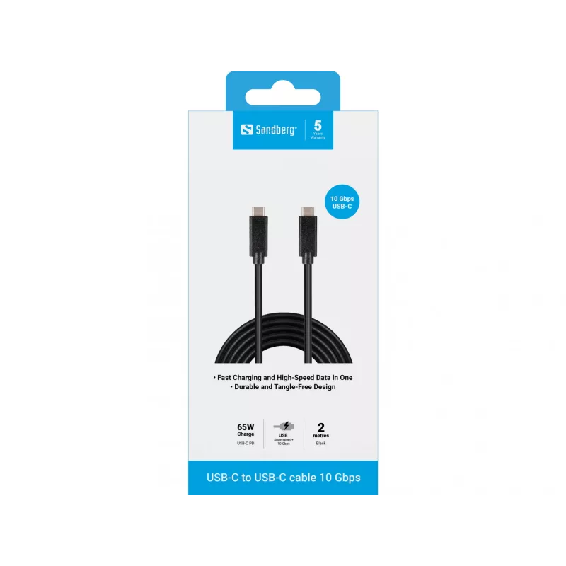 Sandberg USB-C USB-C 2M USB 3.1 Gen.2, 2 m, USB C, USB C, USB 3.2 Gen 2 (3.1 Gen 2), Male/Male, Black
