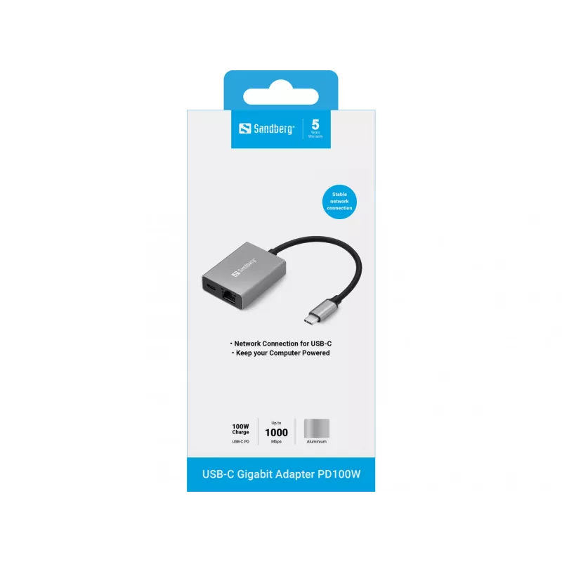 Sandberg USB-C Gigabit Adapter PD100W USB Type-C RJ-45 1 Gbit/s Grey