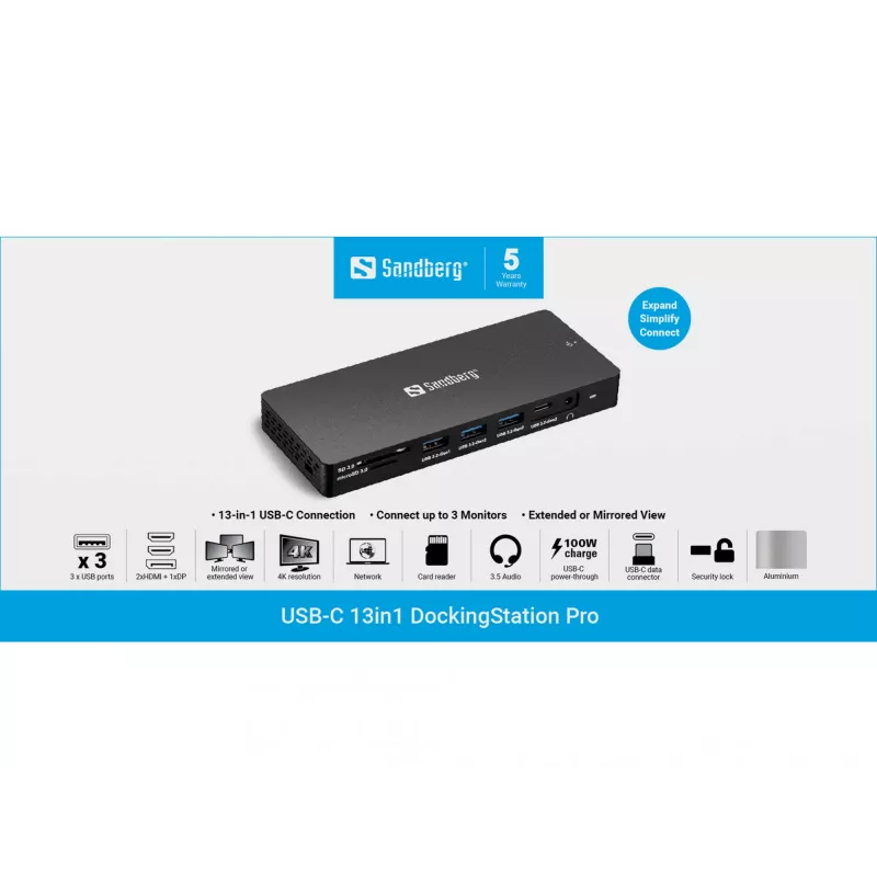 Sandberg USB-C 13in1 DockingStation Pro Wired USB 3.2 Gen 1 Type-C