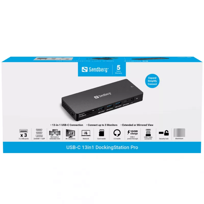 Sandberg USB-C 13in1 DockingStation Pro Wired USB 3.2 Gen 1 Type-C