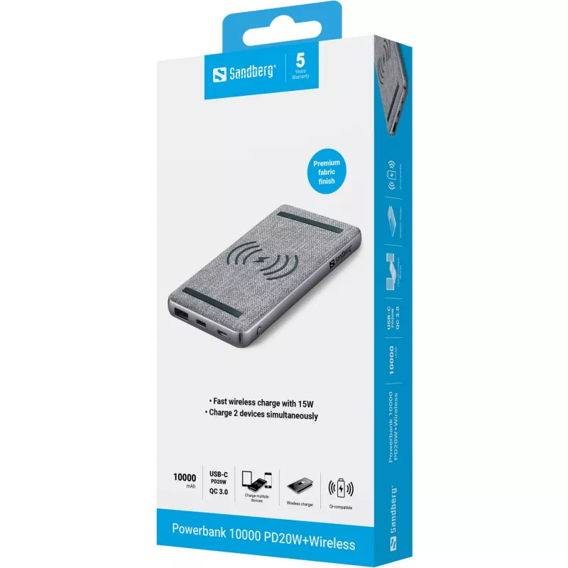 Portable Power Bank Sandberg Powerbank 10000 PD20W+Wireless, 10000 mAh