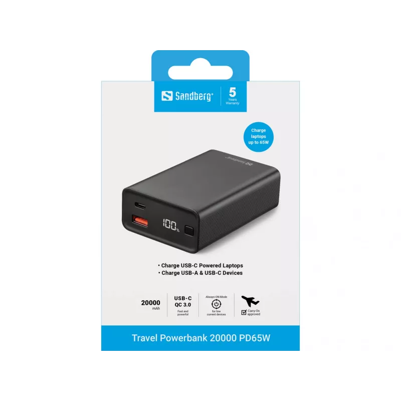 Portable Power Bank Sandberg Travel Powerbank 20000 PD65W, 20000 mAh