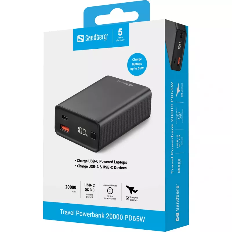 Portable Power Bank Sandberg Travel Powerbank 20000 PD65W, 20000 mAh