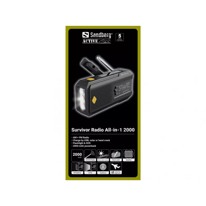Sandberg Survivor Radio All-in-1 2000, Portable, AM, FM, 87 - 180 MHz, 520 - 1710 kHz, 3 W, Analog