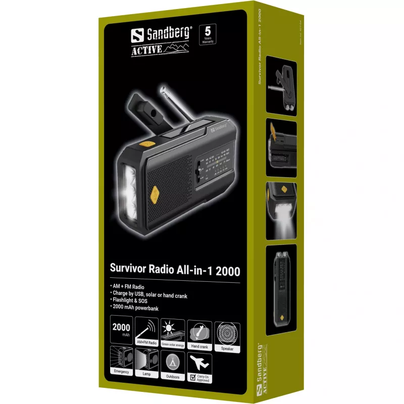 Sandberg Survivor Radio All-in-1 2000, Portable, AM, FM, 87 - 180 MHz, 520 - 1710 kHz, 3 W, Analog