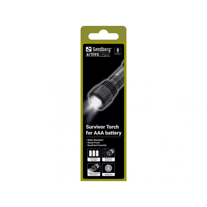 Sandberg Survivor Torch for AAA battery, Hand flashlight, Black, Aluminium, LED, 3 W, 150 lm