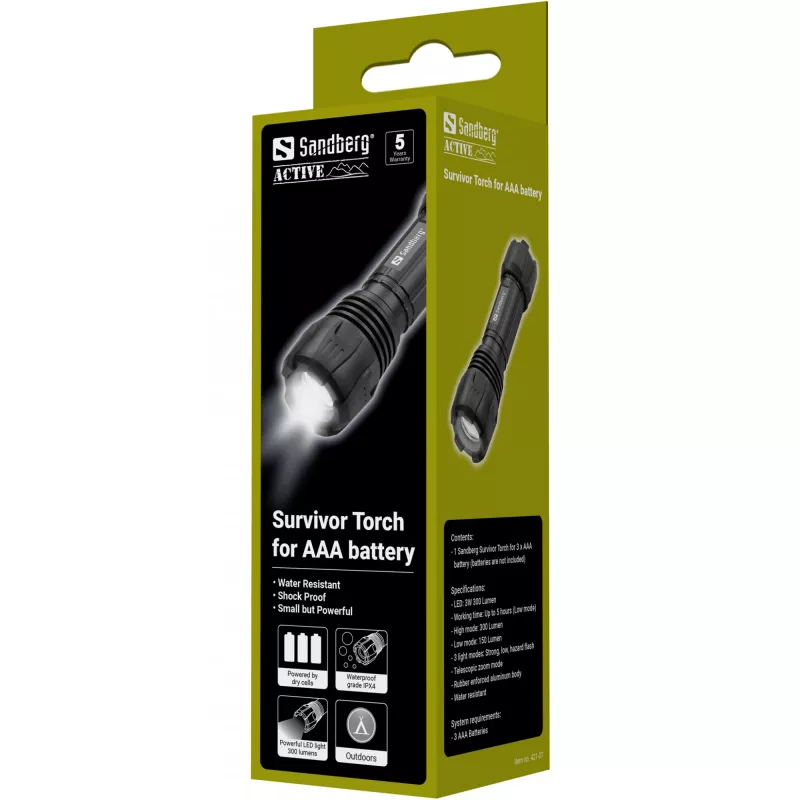 Sandberg Survivor Torch for AAA battery, Hand flashlight, Black, Aluminium, LED, 3 W, 150 lm